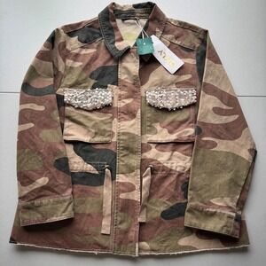 NWT ONLY Womens Camo Utility Jacket Sequins Pockets Drawstring Casual Hipster